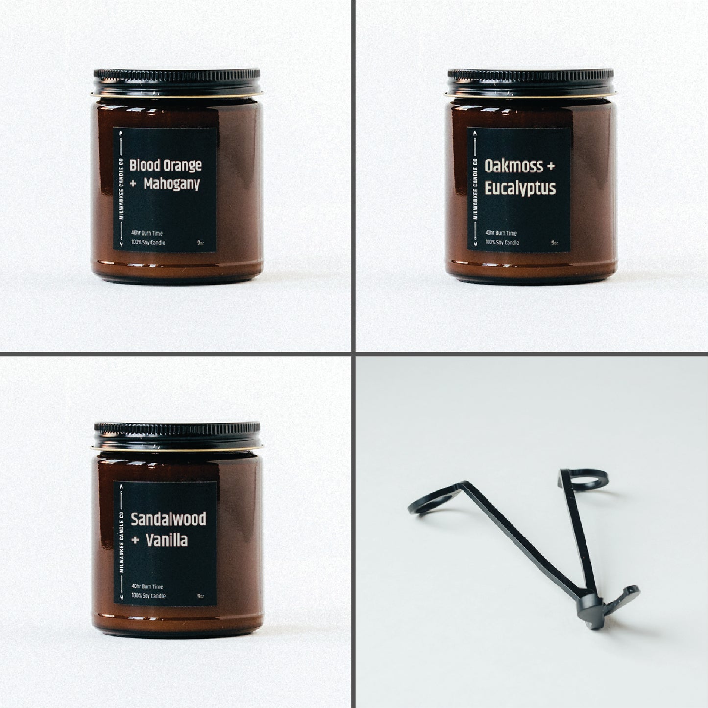 A collection of our most popular essential collection candles with a wick trimmer.