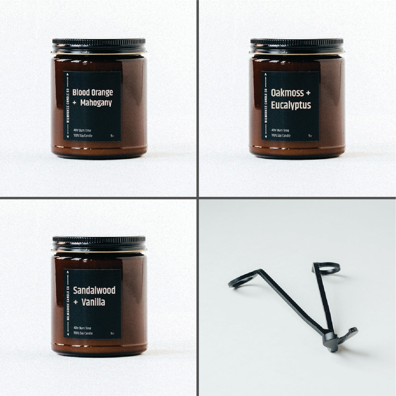 A collection of our most popular essential collection candles with a wick trimmer.