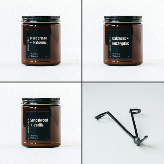 A collection of our most popular essential collection candles with a wick trimmer.