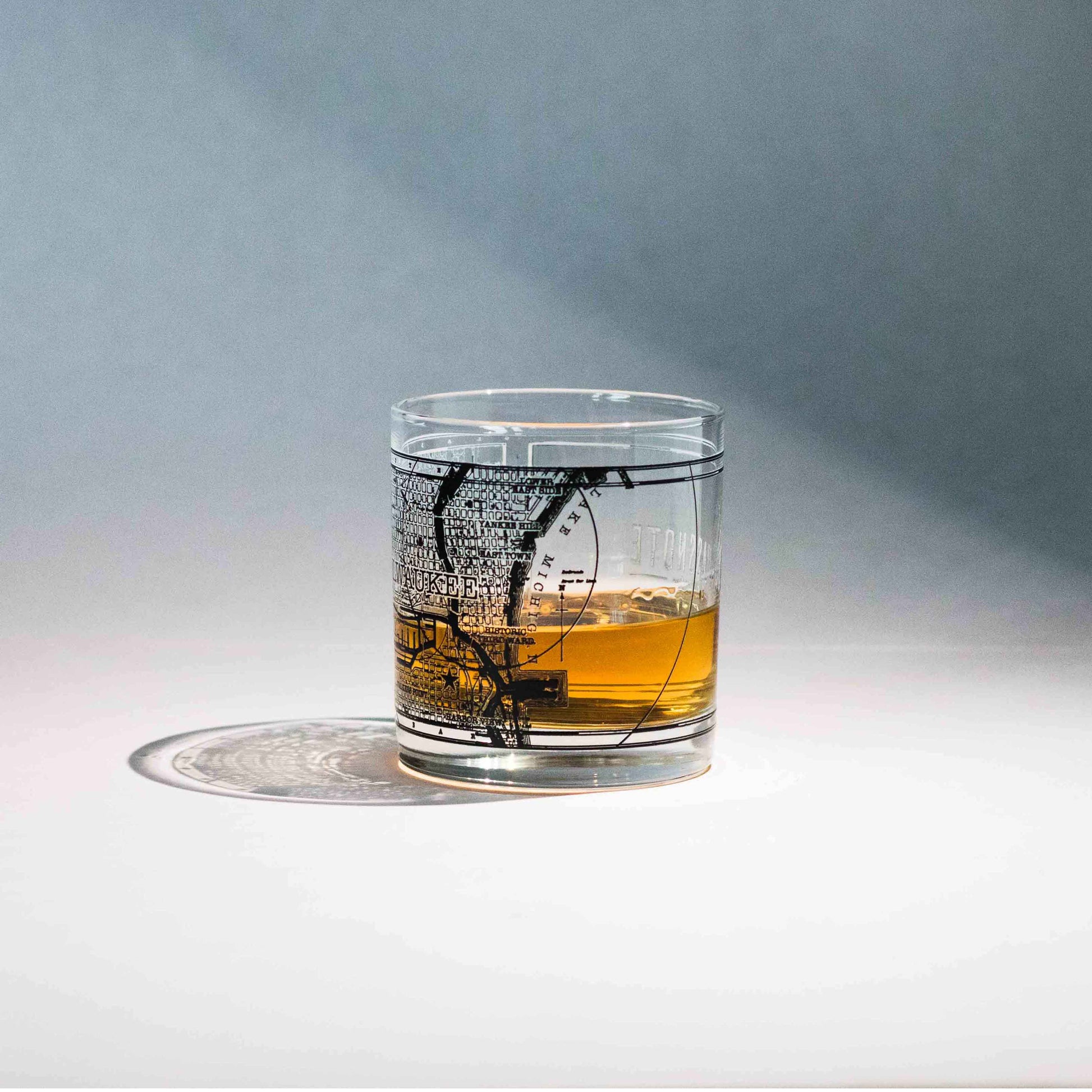 Vintage Milwaukee Map Wrap Around Whiskey Rocks Glass - Milwaukee Candle Co. x Glassnote Candle Bar Collaboration Filled with Whiskey