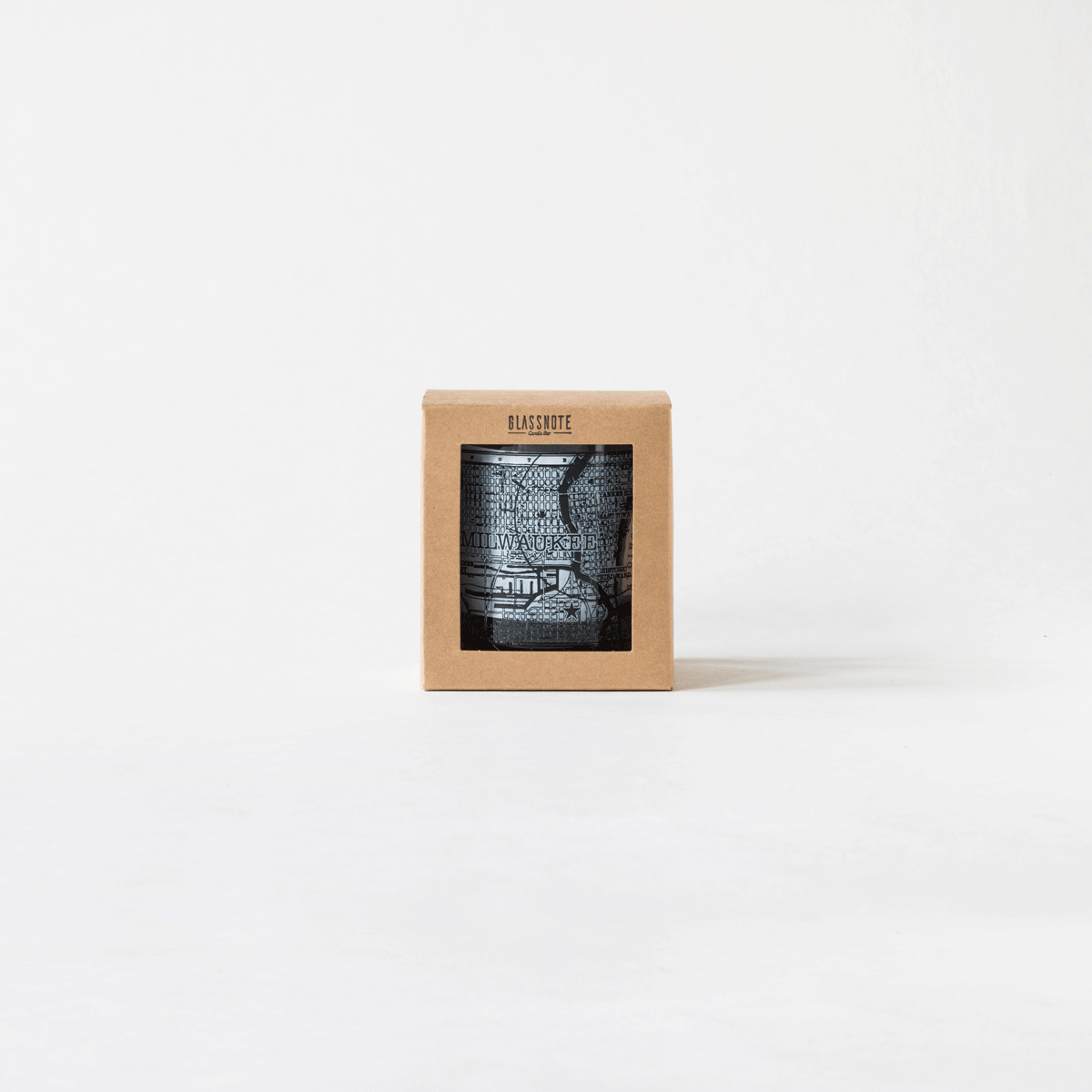 Rotating GIF showing all sides of the packaging of the 11oz whiskey rocks glass with a screen printed vintage map of Milwaukee. A Milwaukee Candle Co. and Glassnote Candle Bar collaboration.