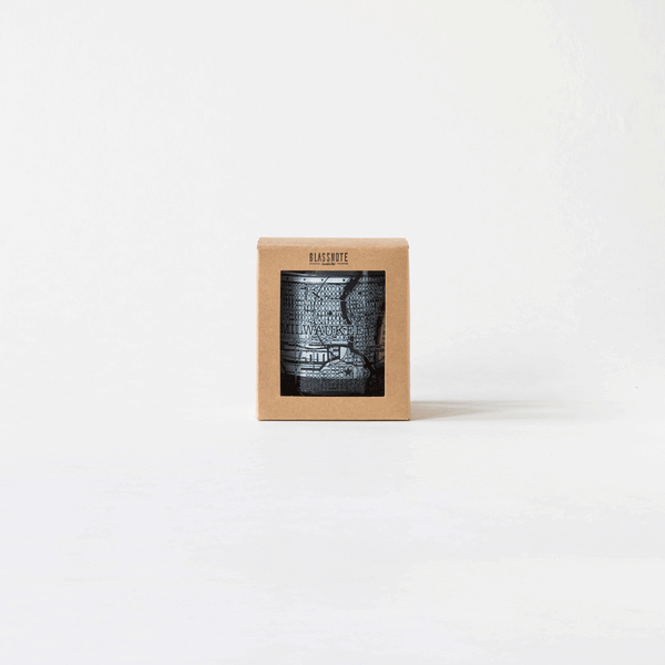  Rotating GIF showing all sides of the packaging of the 11oz whiskey rocks glass with a screen printed vintage map of Milwaukee. A Milwaukee Candle Co. and Glassnote Candle Bar collaboration.