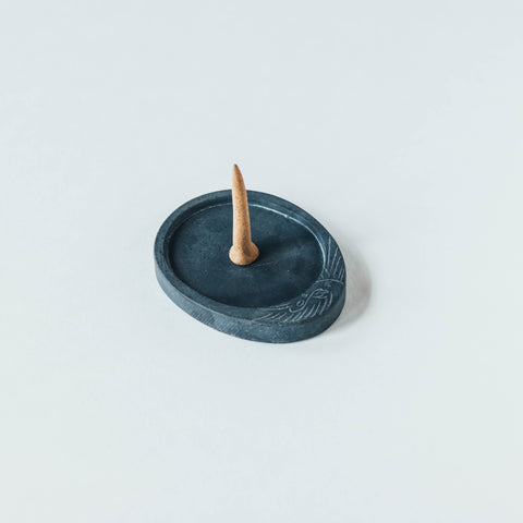 oval shaped gray concrete ZOUZ natural incense handmade burner with engraved bird design
