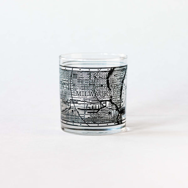 Front view of 11oz whiskey rocks glass with a screen printed vintage map of Milwaukee. A Milwaukee Candle Co. and Glassnote Candle Bar collaboration.