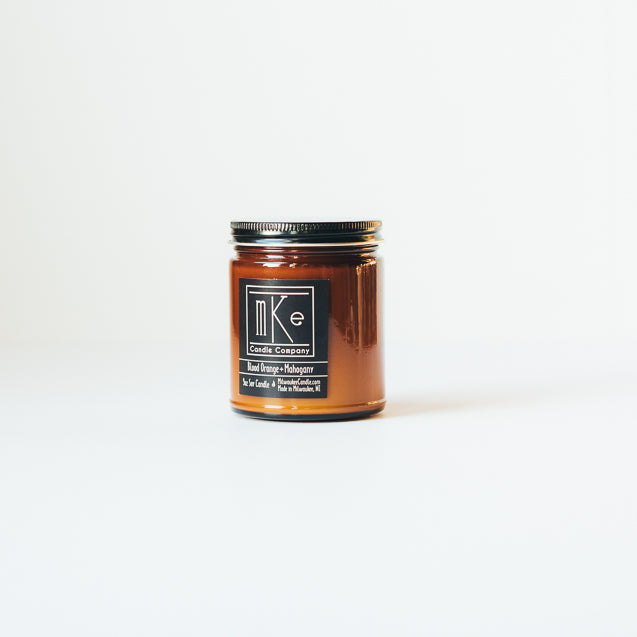 Blood Orange and Mahogany amber jar 9oz soy candle hand poured in Milwaukee, WI by Milwaukee Candle Company