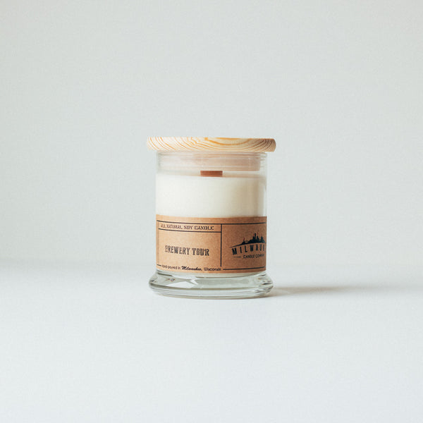 12 ounce Brewery Tour soy wax candle with wood wick, wood lid and kraft paper label. Hand-poured in Milwaukee, Wisconsin.