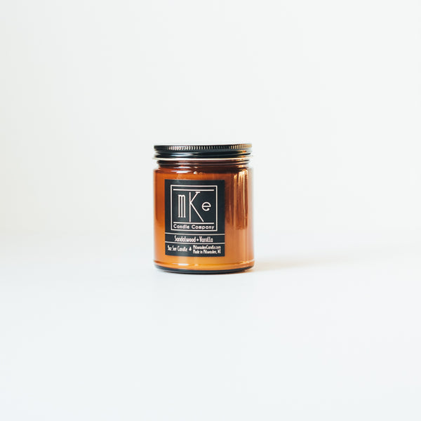 Sandalwood and Vanilla amber jar 9oz soy candle hand poured in Milwaukee, WI by Milwaukee Candle Company