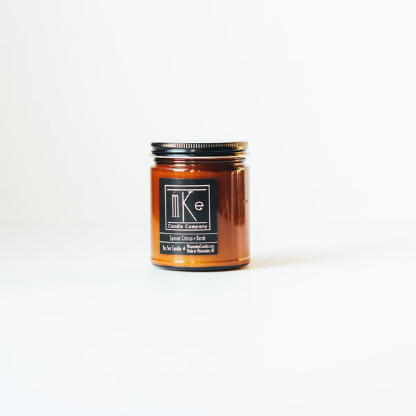 Spiced Citrus and Birch amber jar 9oz soy candle hand poured in Milwaukee, WI by Milwaukee Candle Company